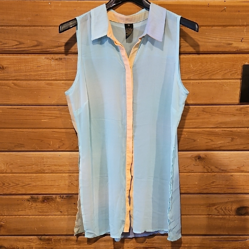 Sheer Pastel Button Up Collared Tunic/ Cover Up size 13 Large